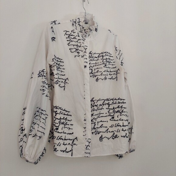 FHQ Womens M Shirt Script Top Ruffle Collar Button Front Poet Sleeves White - Picture 1 of 12